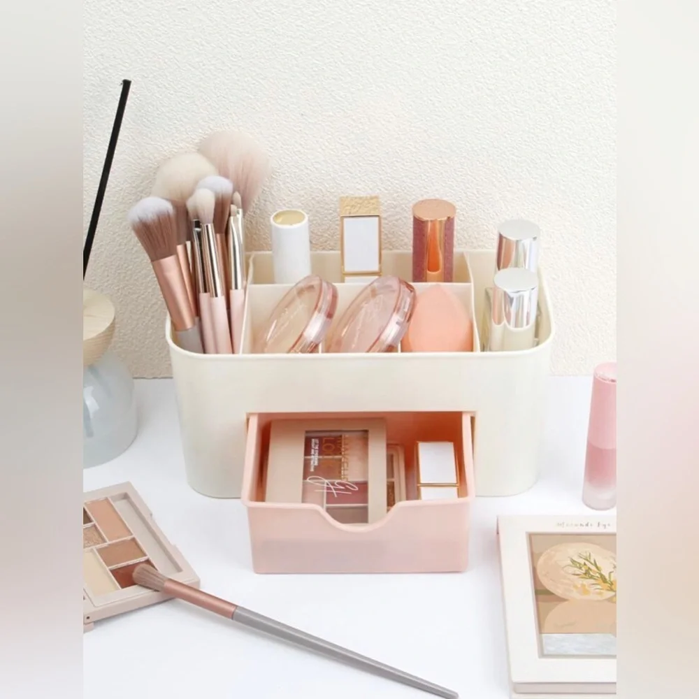 NEW 1pc Multi-drawer Clear Pink Makeup Organizer Box With Compartments